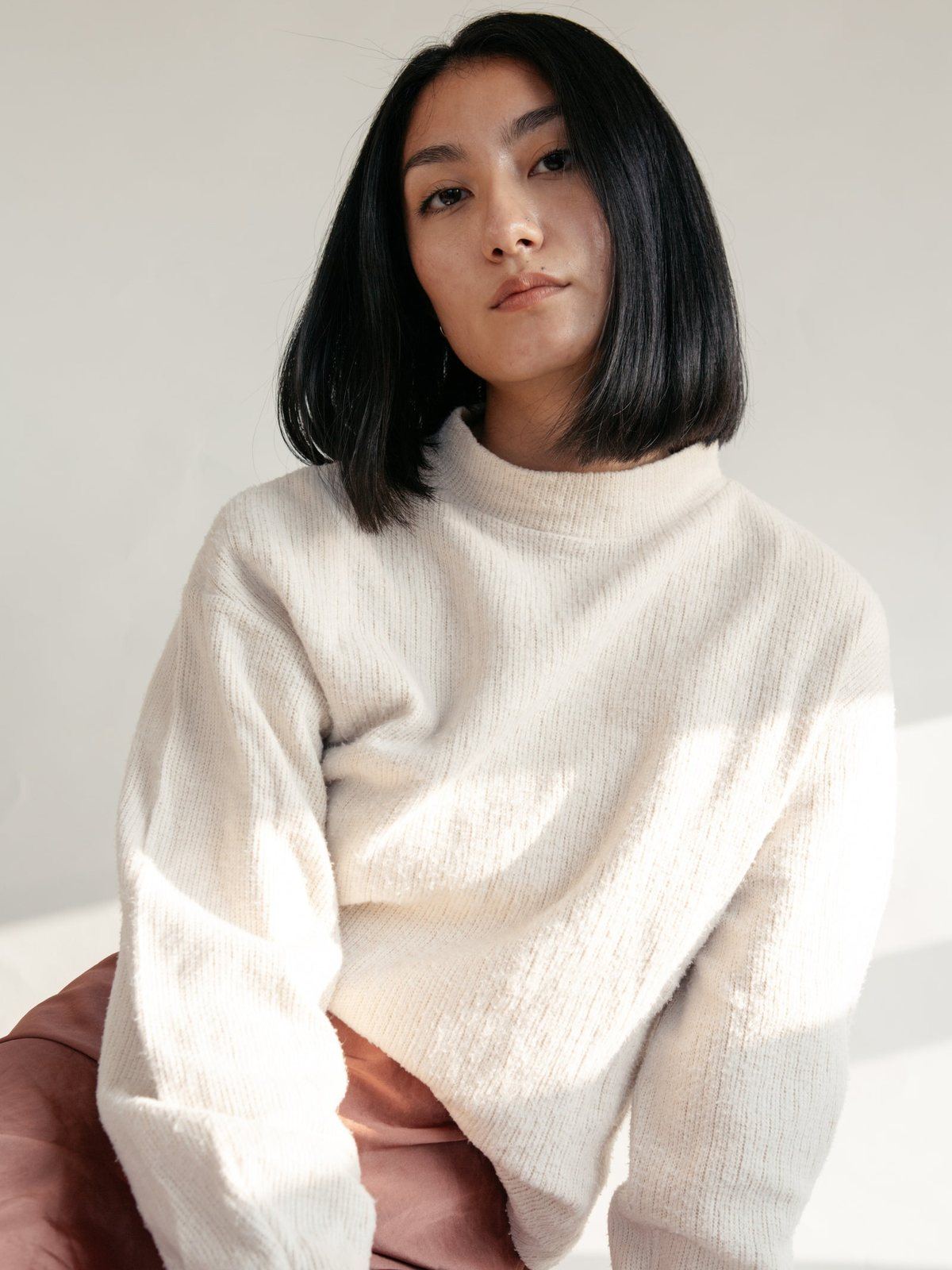 Merino Crew in oat, Satin Mini Skirt